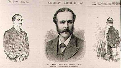 De Zeer Eerwaarde A. J. Balfour (1848-1930), M.P., de Nieuwe Hoofdsecretaris voor Ierland, uit The Illustrated London News, 12 maart 1887 door English School